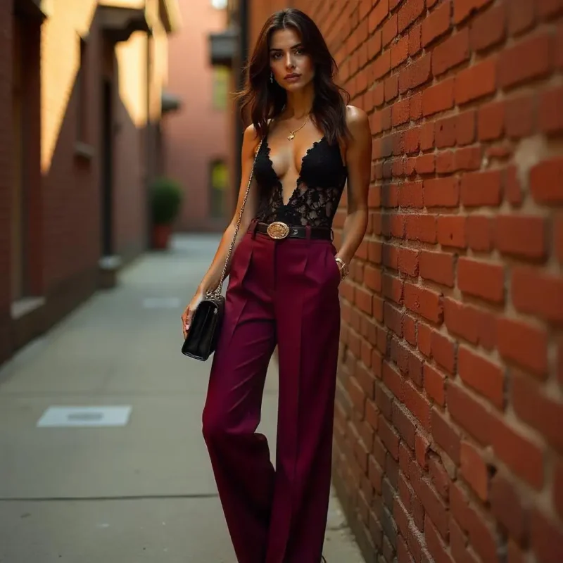 Sophisticated Lace Bodysuit with Wide-Leg Trousers