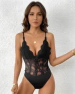 Black deep V lace teddy bodysuit front view showing plunge neckline and floral lace