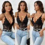 Black deep V lace teddy bodysuit collage showing front back and styled looks