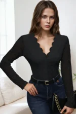 Black scalloped lace long sleeve bodysuit front view