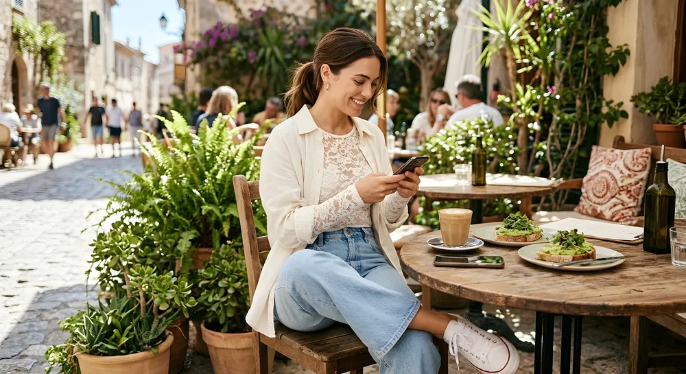 Woman in white lace bodysuit with wide-leg jeans and sneakers at outdoor cafe