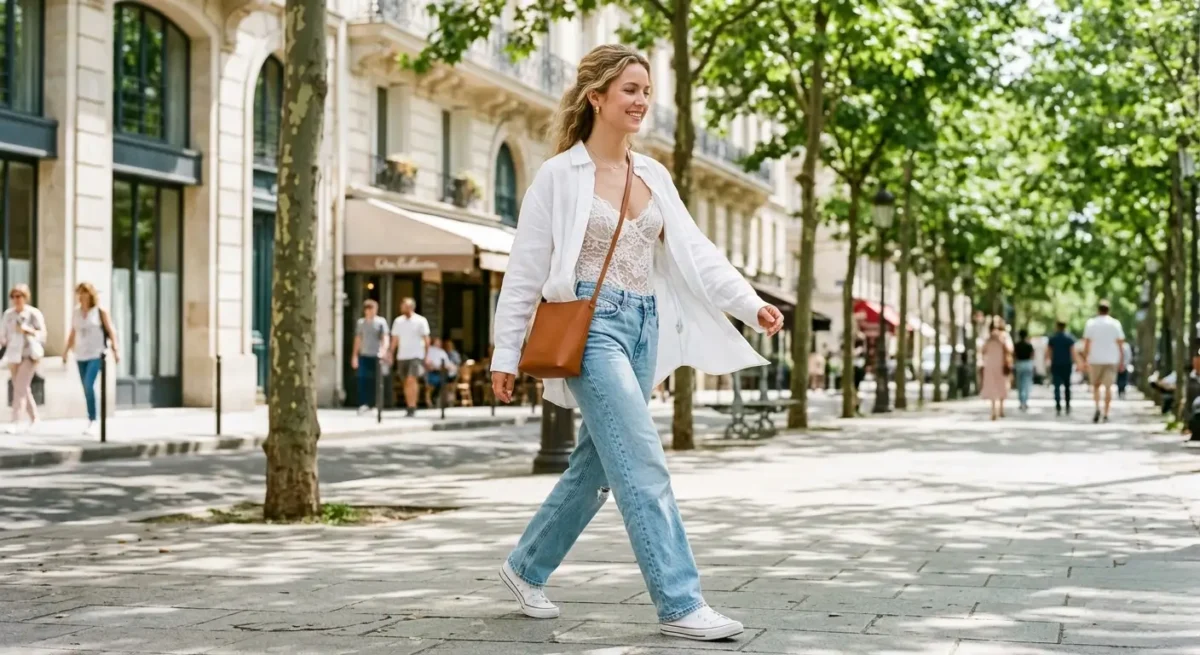 Woman in white lace bodysuit with wide-leg jeans and sneakers walking on sunny city street