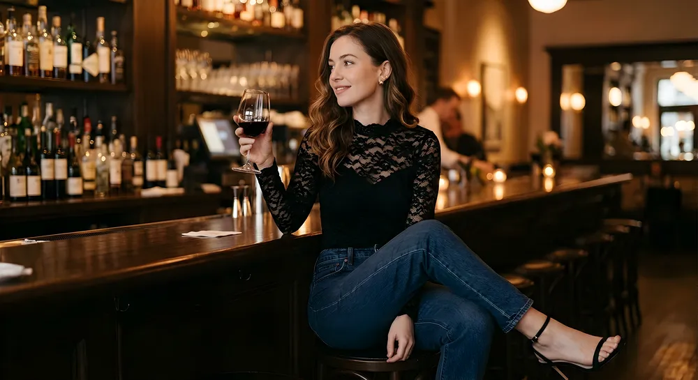 Woman in black scalloped lace bodysuit with dark jeans and heels at restaurant bar