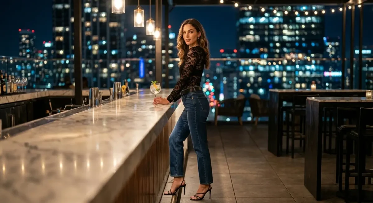 Young woman wearing black lace bodysuit with dark jeans and strappy heels at rooftop restaurant at night