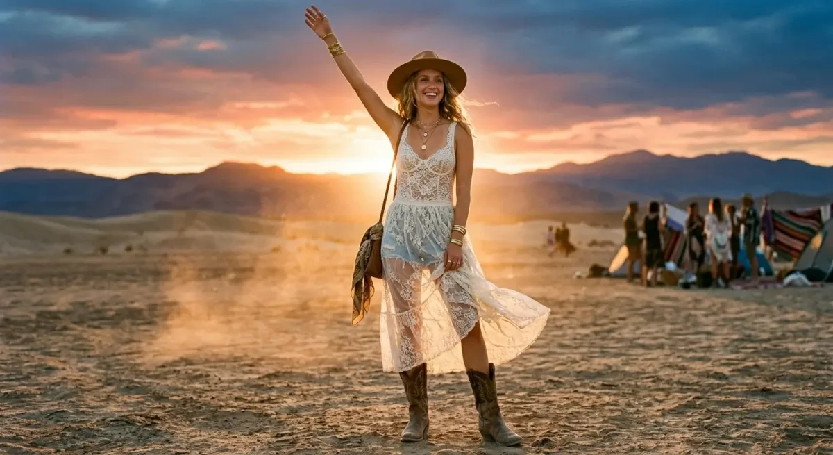 Woman in cream lace bodysuit with sheer skirt and cowboy boots at desert festival sunset