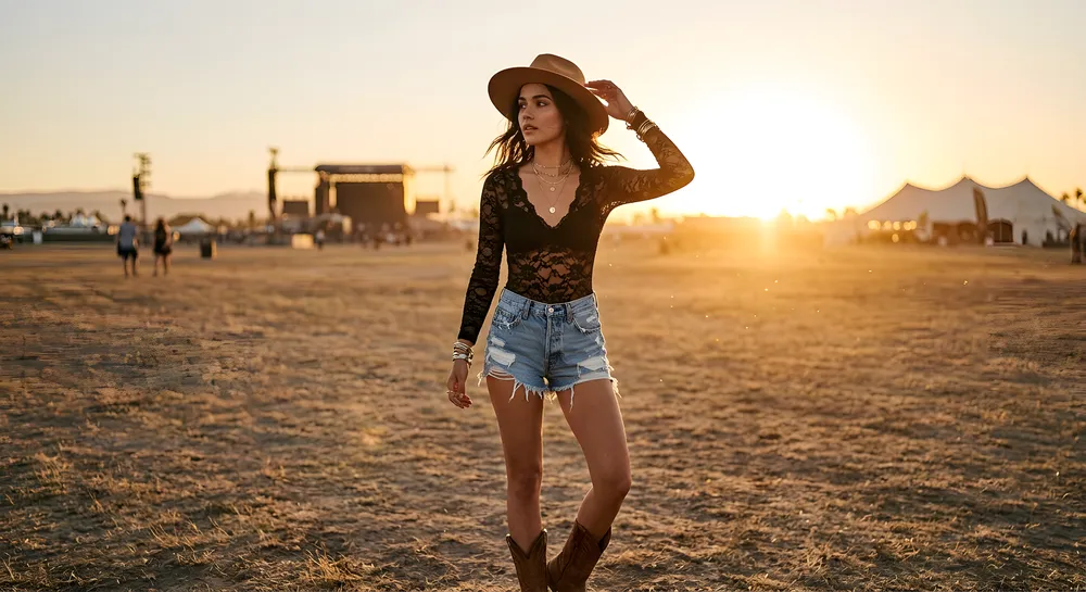 Woman in black floral lace bodysuit with denim shorts and cowboy boots at festival
