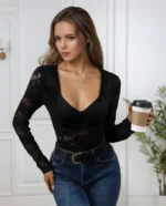 Black floral lace bodysuit with jeans and coffee cup lifestyle shot