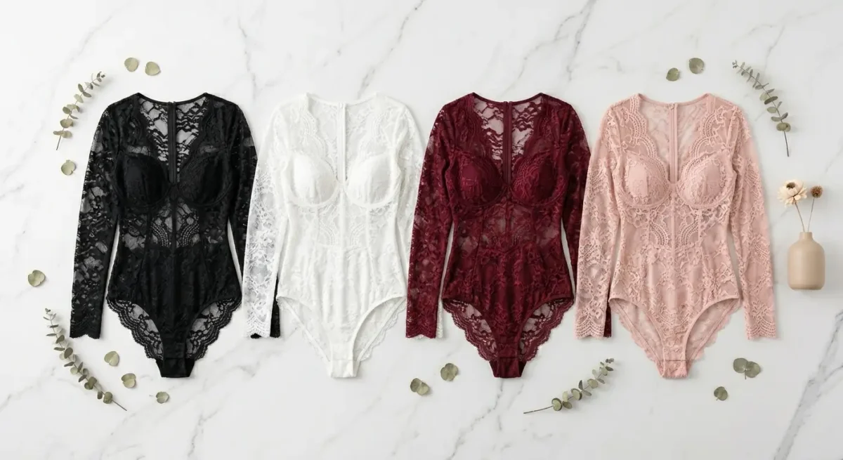 Flat lay of black white burgundy and blush pink lace bodysuits on white marble surface