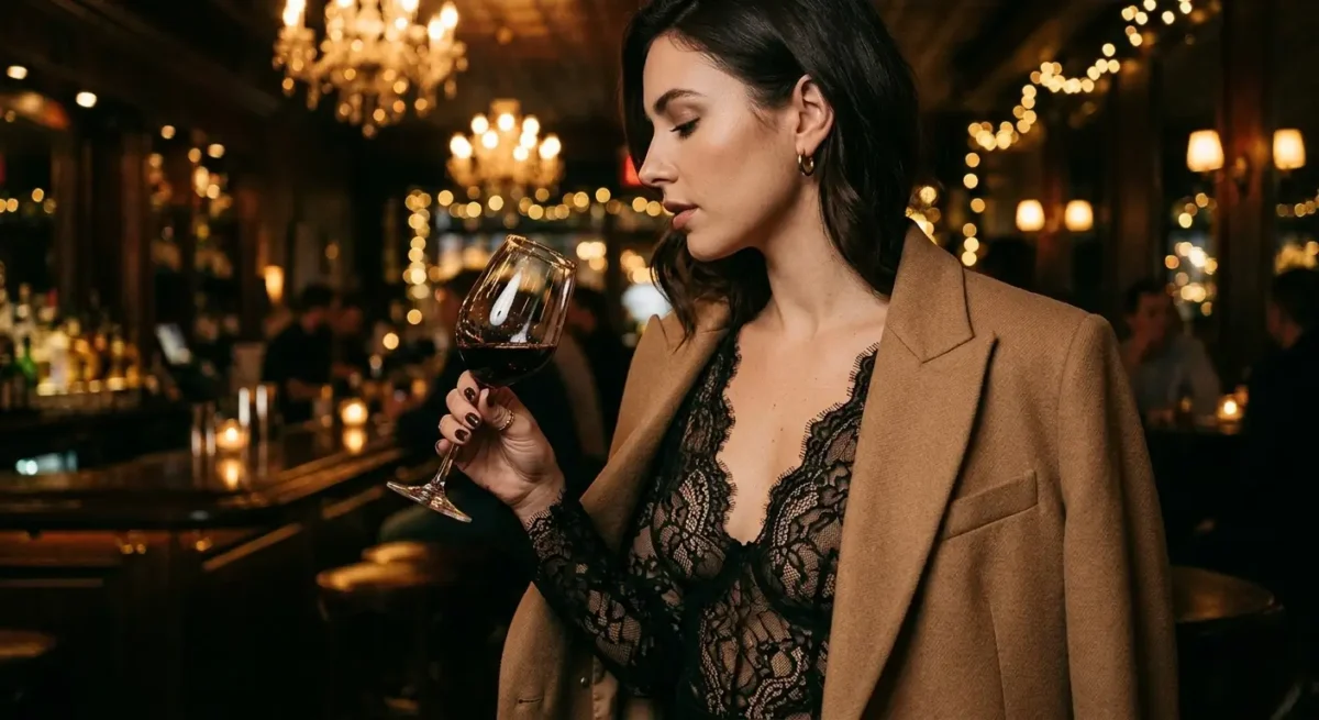 Woman in black lace bodysuit and camel blazer holding wine glass at upscale bar with warm lighting