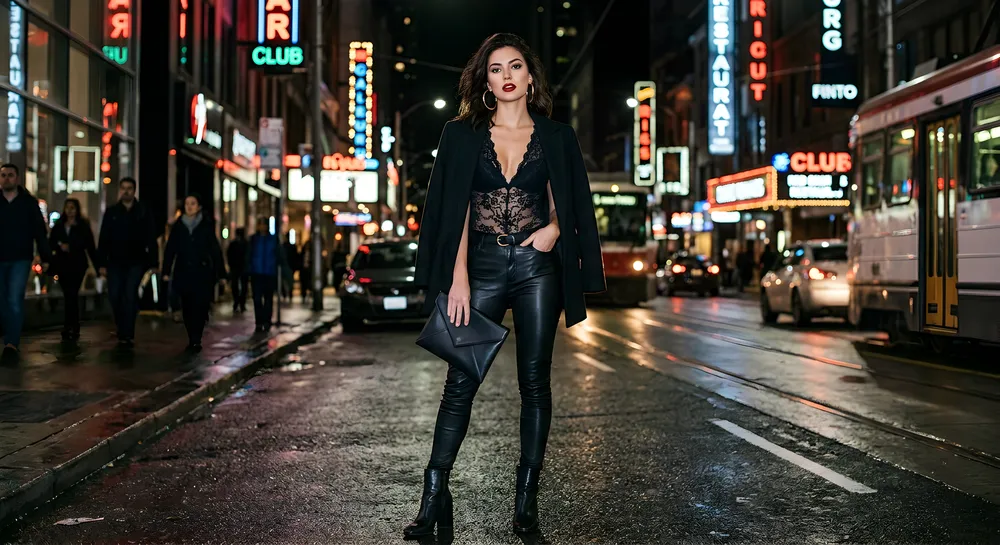 Night Out Lace Teddy Outfit — Leather Trousers and Boots