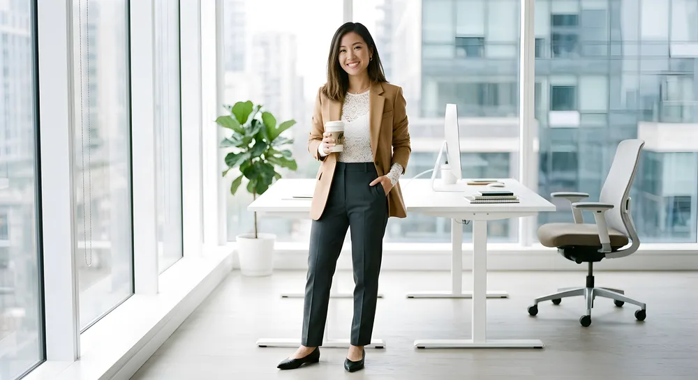 Woman wearing white lace bodysuit with camel blazer and trousers for office outfit