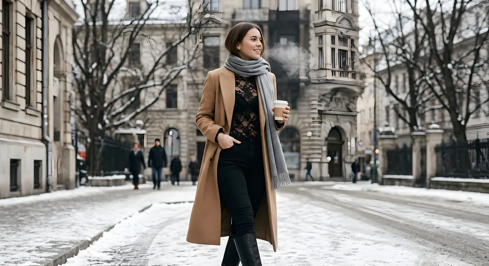 Woman wearing black lace bodysuit with camel wool coat and knee-high boots in winter