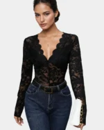 Women black V neck long sleeve lace bodysuit front view with jean