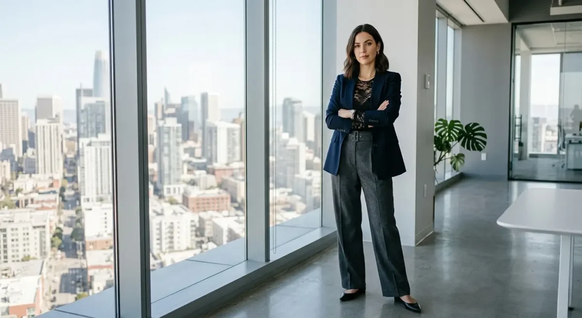 Professional woman in black long sleeve lace bodysuit with navy blazer in modern office
