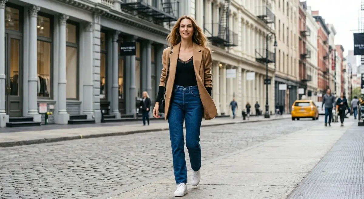 Black lace bodysuit with high-waisted Levi's 501 jeans, white sneakers, and a camel blazer.