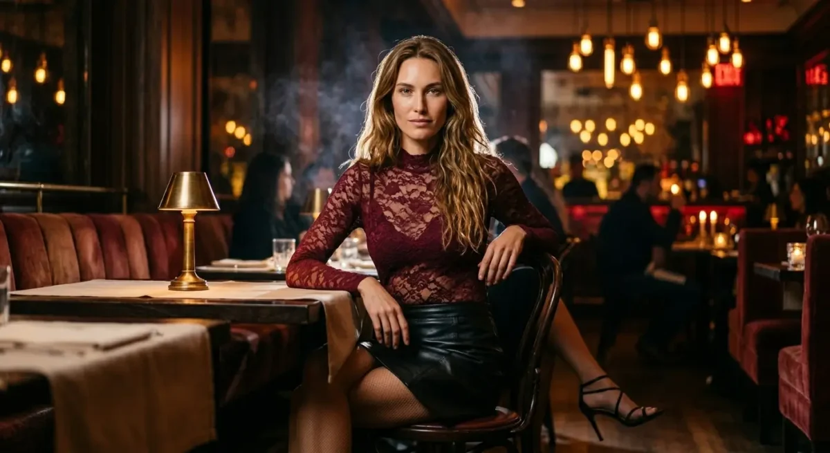 Sheer burgundy lace bodysuit with a black leather mini skirt and strappy heels.
