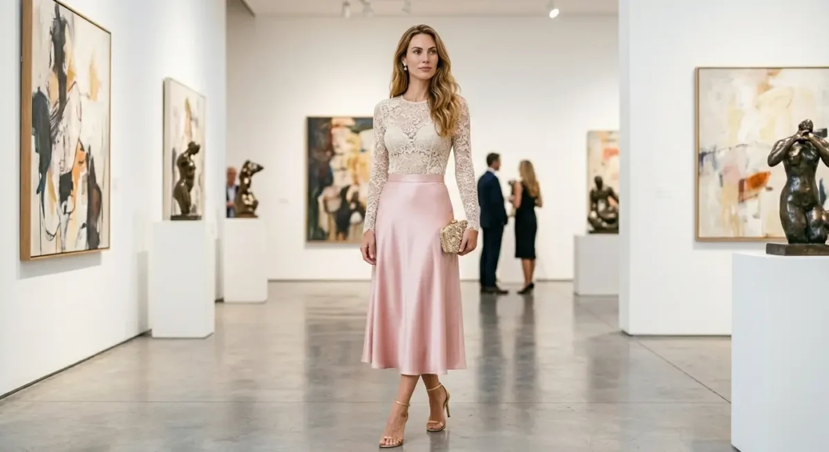 Ivory lace bodysuit with a blush satin midi skirt and strappy sandals.