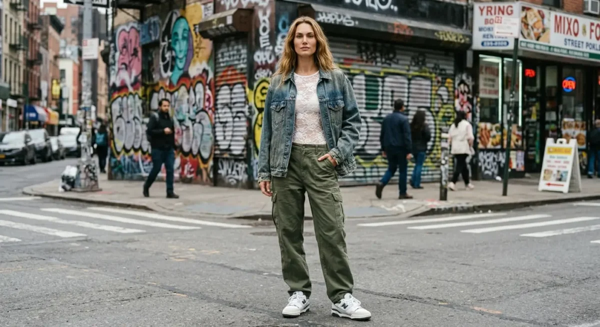 White lace bodysuit with olive cargo pants and chunky sneakers.