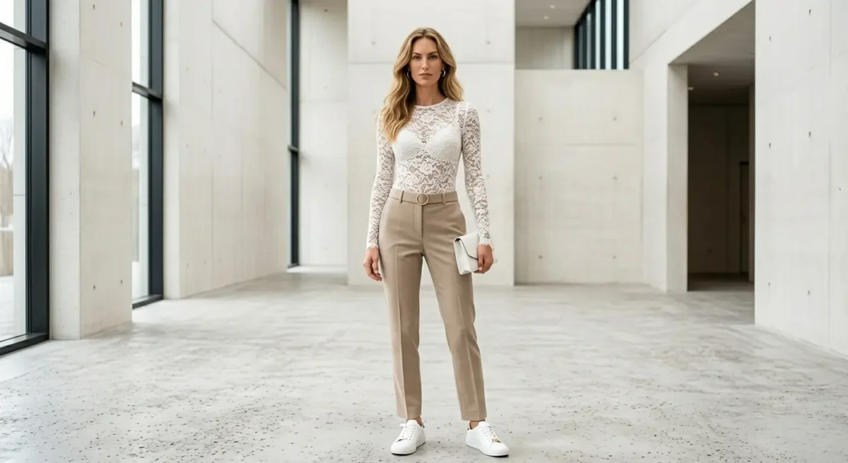 White lace bodysuit with beige tailored trousers and white leather sneakers.
