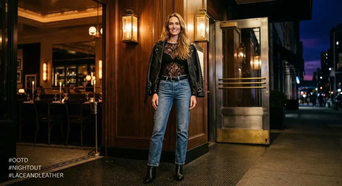 Black lace bodysuit with high-waisted Levi's 501 jeans, AllSaints leather jacket, and strappy heels for a night out