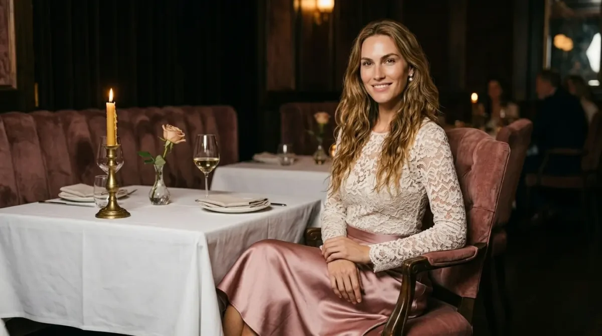Ivory lace bodysuit with blush satin midi skirt and nude pumps for a date night look