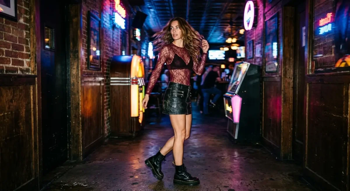 Sheer burgundy lace bodysuit with black vintage leather mini skirt and Dr. Martens boots for a night out