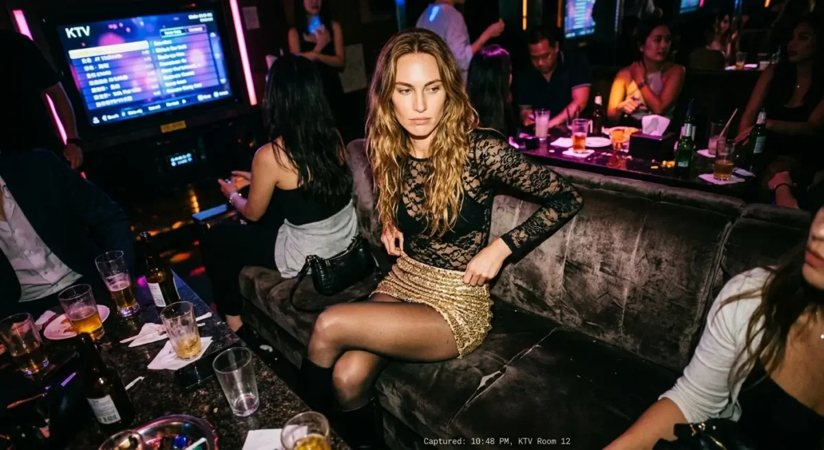 Black lace bodysuit with gold sequin mini skirt — a karaoke night outfit mistake due to zero stretch