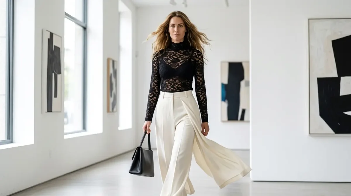 Black high-neck lace bodysuit with ivory wide-leg trousers and pointed-toe mules for a gallery opening