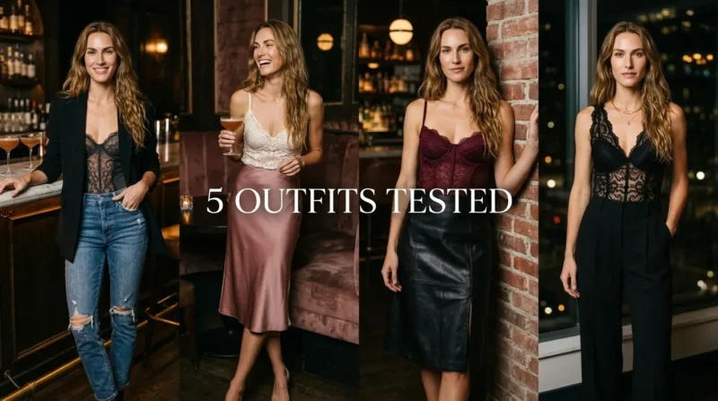 5 night-out lace bodysuit outfit ideas for 2026: jeans, satin midi, leather mini, and wide-leg trousers