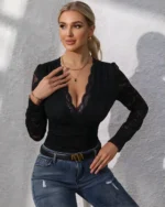 Black scallop lace bodysuit styled with blue jeans front view