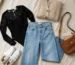 Flat lay of a casual lace bodysuit outfit with high-waisted jeans, white sneakers, and a beige cardigan.