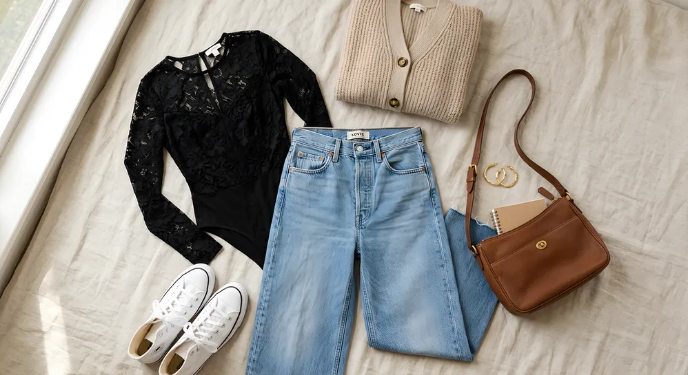 Flat lay of a casual lace bodysuit outfit with high-waisted jeans, white sneakers, and a beige cardigan.