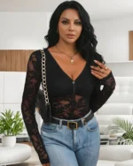 Alternate front view - sheer lace bodysuit long sleeve styled with blue jeans