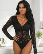 Front view - model wearing the sheer lace bodysuit long sleeve