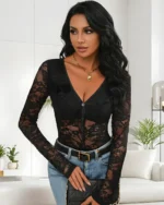 Front view - sheer lace bodysuit long sleeve styled with blue jeans