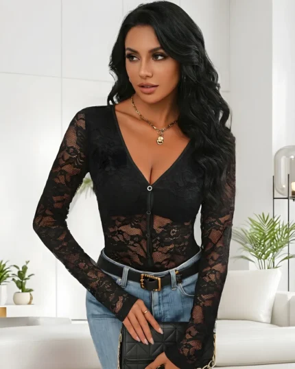 Front view - sheer lace bodysuit long sleeve styled with blue jeans