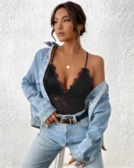 Black sheer lace bodysuit styled with blue jeans and denim jacket