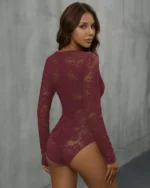 Back view of red long sleeve sheer lace bodysuit