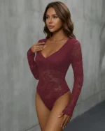 Front view of burgundy long sleeve lace bodysuit with floral lace and deep V neckline