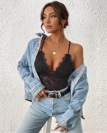 Black sheer lace bodysuit styled with blue jeans and denim jacket